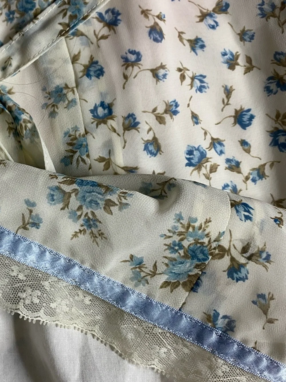 Vintage Canlemon Floral Midi Dress Cottagecore Lace Trim Blue White  - Size L